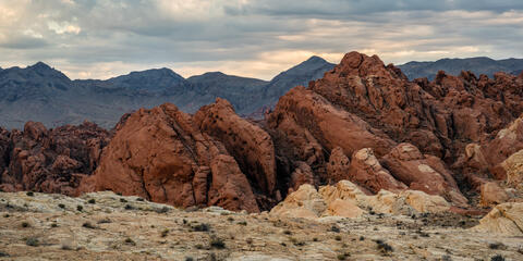 Colorful landscape and a sunset at Valley of Fire State Park in Nevada.