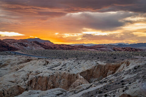 A spectacular sunset lights up the evening sky at Valley of Fire State Park in southern Nevada.