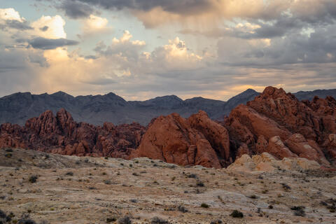 Colorful landscape and a sunset at Valley of Fire State Park in Nevada.
