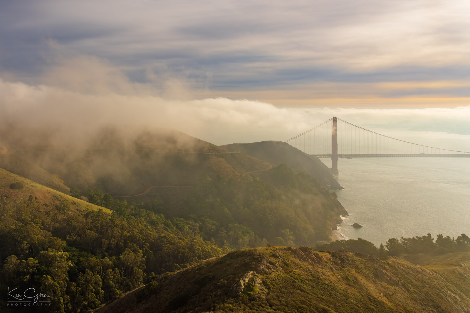 The Golden Gate Bridge obscured by fog is a common site for commuters heading between Marin County and San Francisco. It is most...