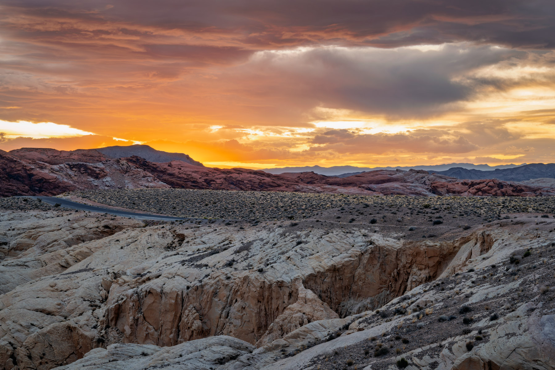 A spectacular sunset lights up the evening sky at Valley of Fire State Park in southern Nevada.