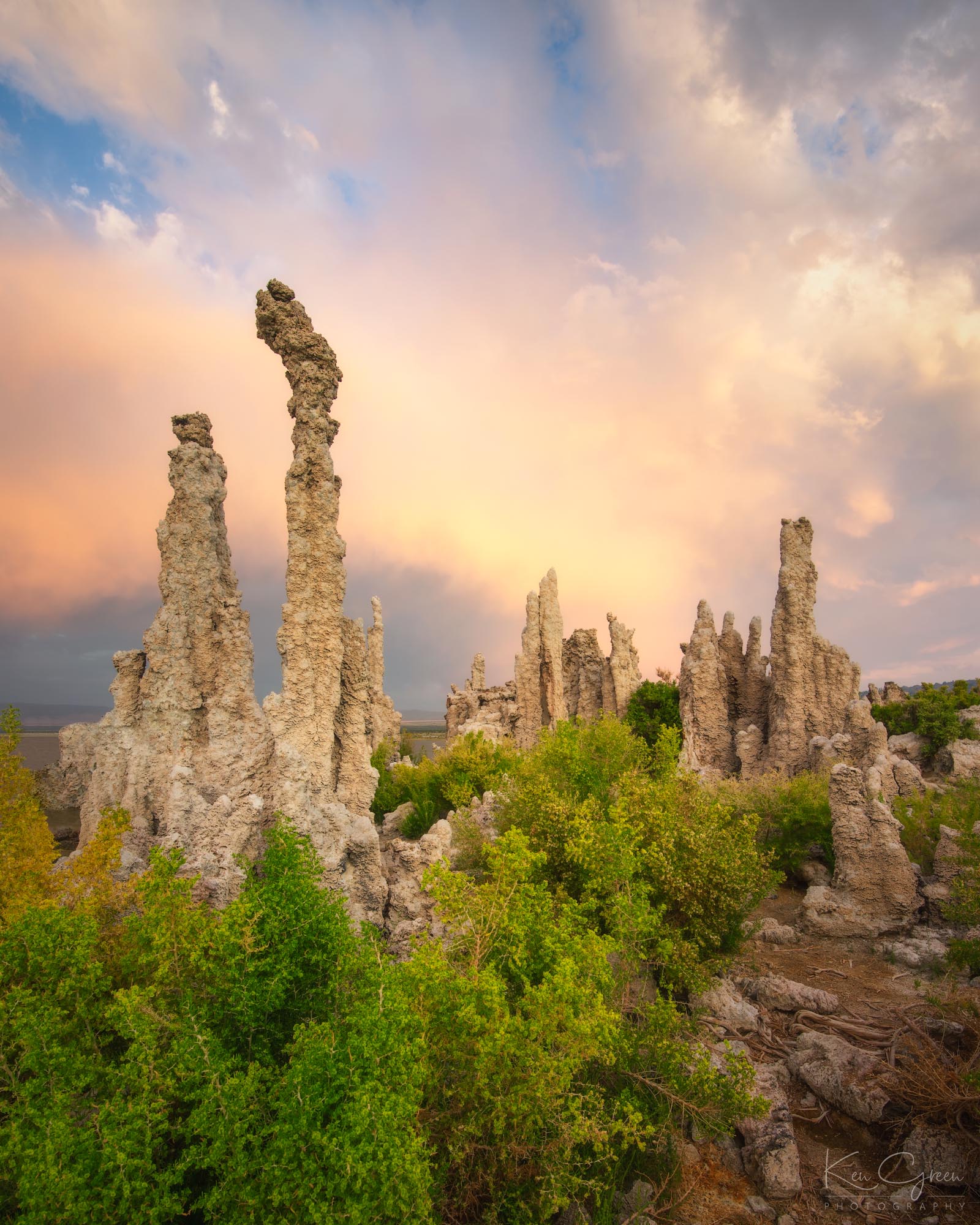 A colorful sky accenting tufa towers during a Mono Lake sunset. 